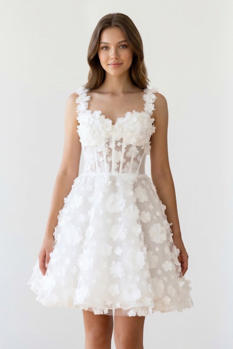 Ivory A-Line Sweetheart Lace Graduation Dress With 3D Flower