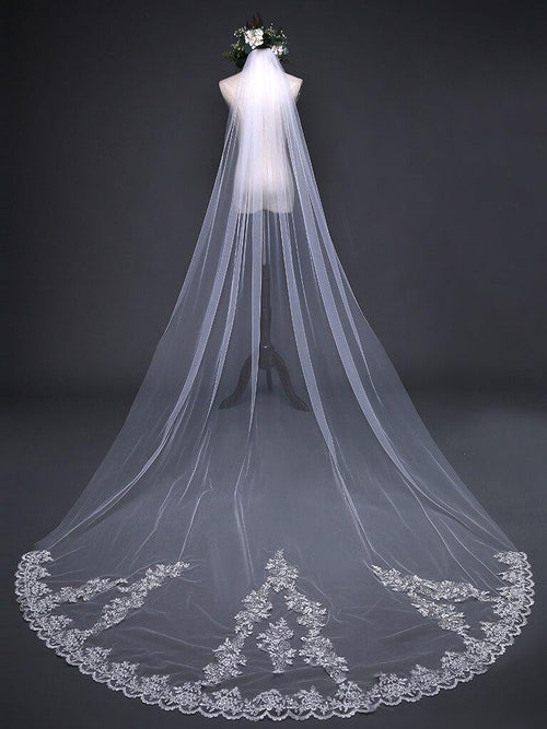 Ivory Cathedral Veils with Lace and Beaded Hemline