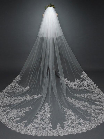Ivory Lace Cathedral Veil with Blusher Long Wedding Veil