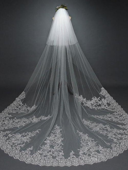Ivory Lace Cathedral Veil with Blusher Long Wedding Veil