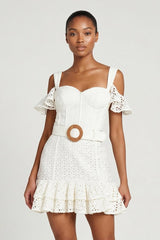 Ivory Lace Ruffled Mini Graduation Dress With Belt