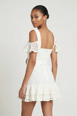 Ivory Lace Ruffled Mini Graduation Dress With Belt