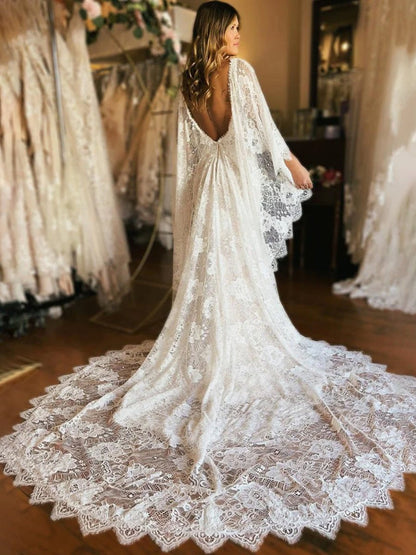 Ivory Long Sleeve Cape Lace Mermaid Wedding Dress with Appliques