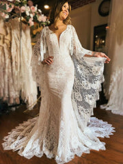 Ivory Long Sleeve Cape Lace Mermaid Wedding Dress with Appliques