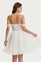 Ivory Off-the-Shoulder Appliqued Corset Graduation Dress
