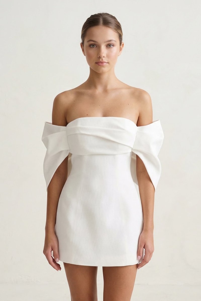 Ivory Off-the-Shoulder Mini Graduation Dress With Bow