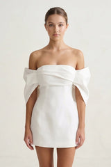 Ivory Off-the-Shoulder Mini Graduation Dress With Bow