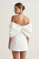 Ivory Off-the-Shoulder Mini Graduation Dress With Bow