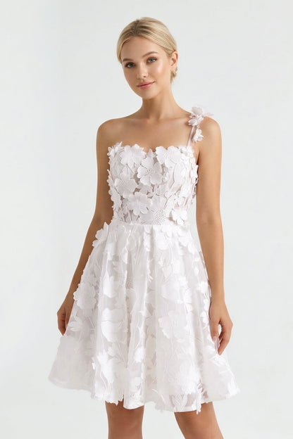 Ivory One-Shoulder Lace A-Line Graduation Dress With 3D Flower