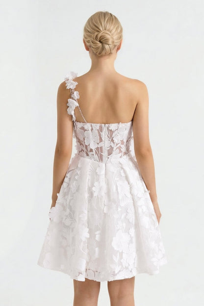 Ivory One-Shoulder Lace A-Line Graduation Dress With 3D Flower