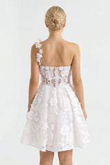 Ivory One-Shoulder Lace A-Line Graduation Dress With 3D Flower