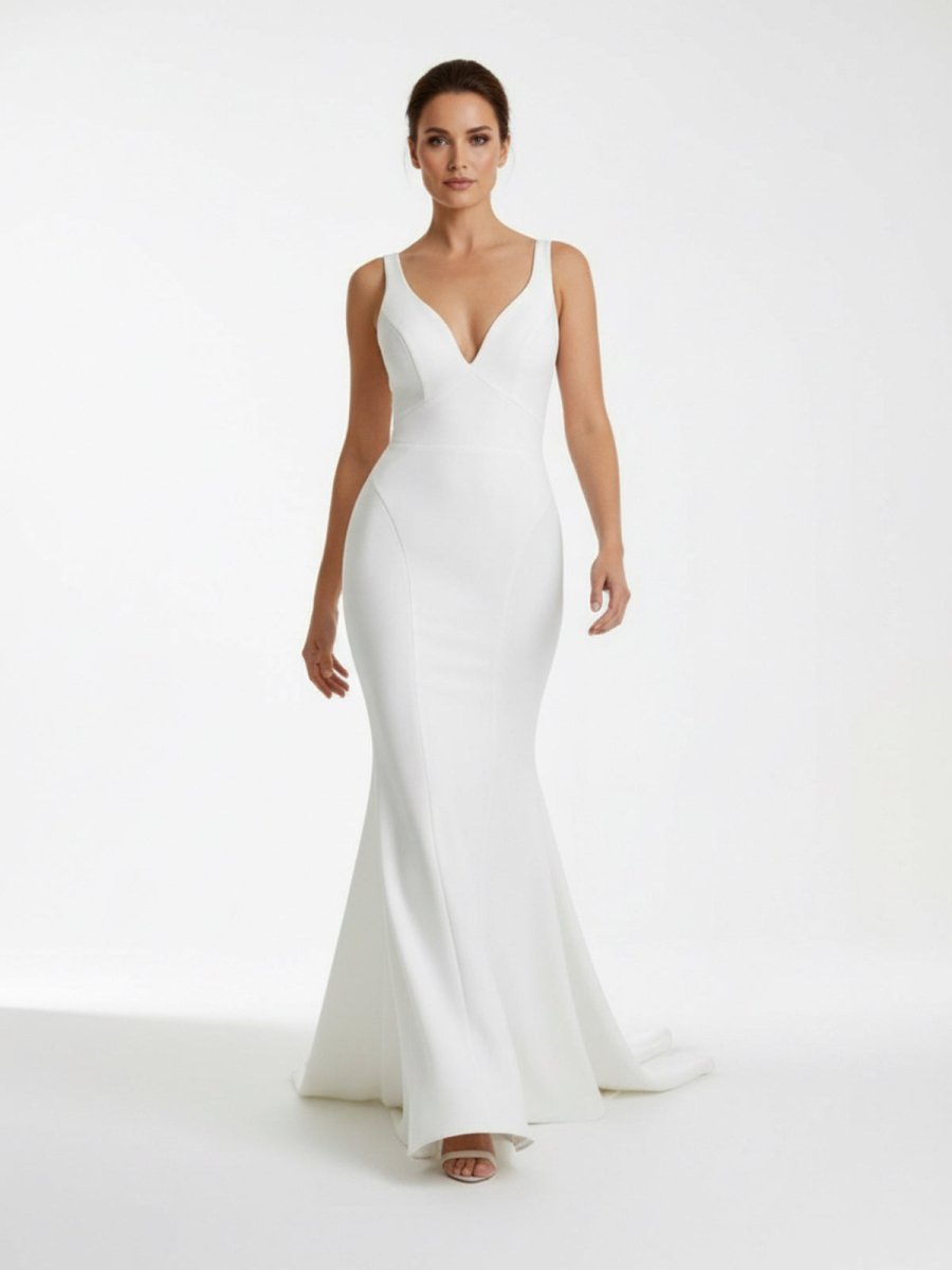 Ivory Plunge V Open Back Mermaid Long Wedding Dress