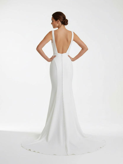 Ivory Plunge V Open Back Mermaid Long Wedding Dress