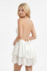 Ivory Ruffled A-Line Satin Graduation Dress