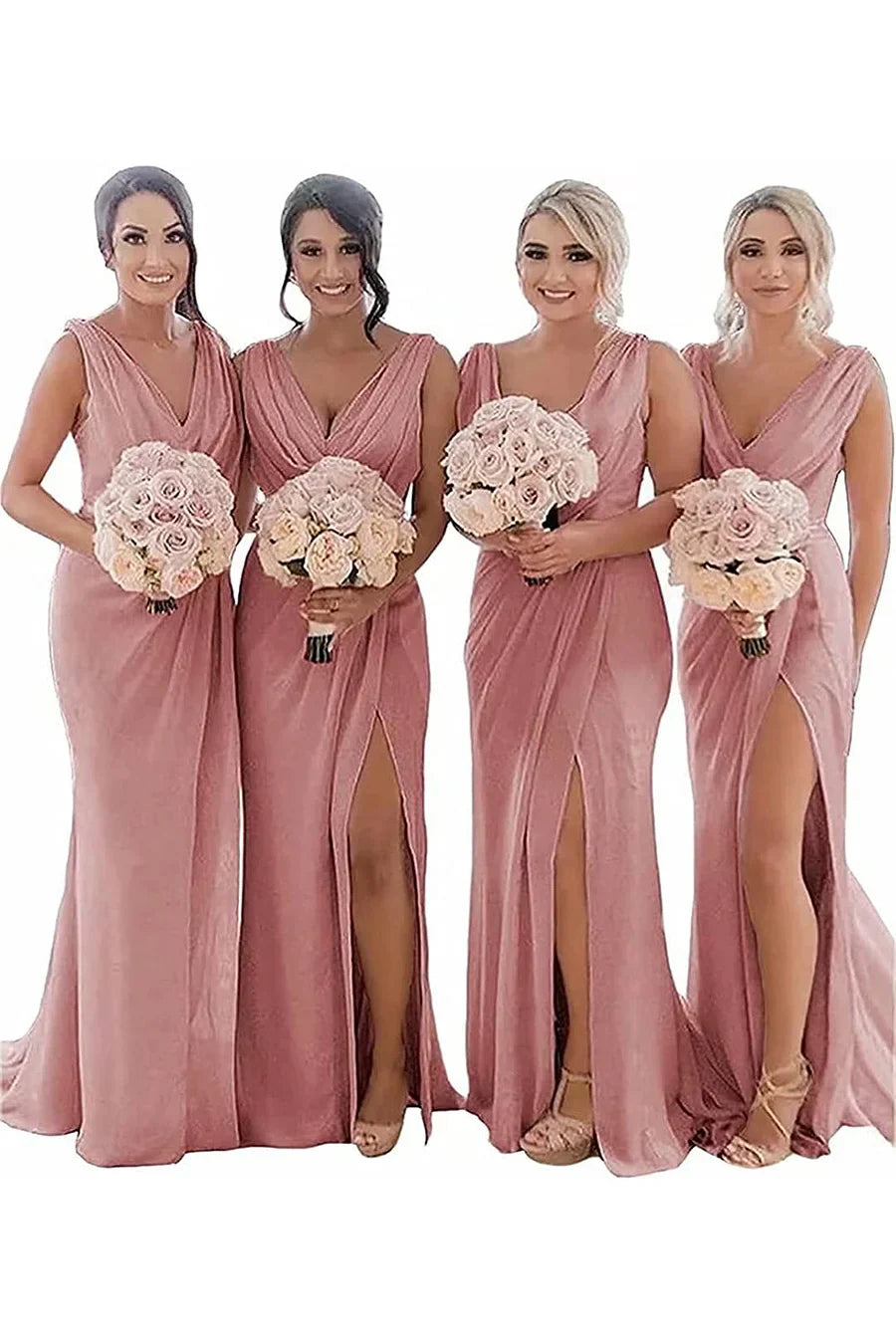 Ivory Sheath Chiffon Ruched Long Bridesmaid Dress with Slit