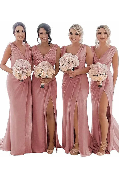 Ivory Sheath Chiffon Ruched Long Bridesmaid Dress with Slit