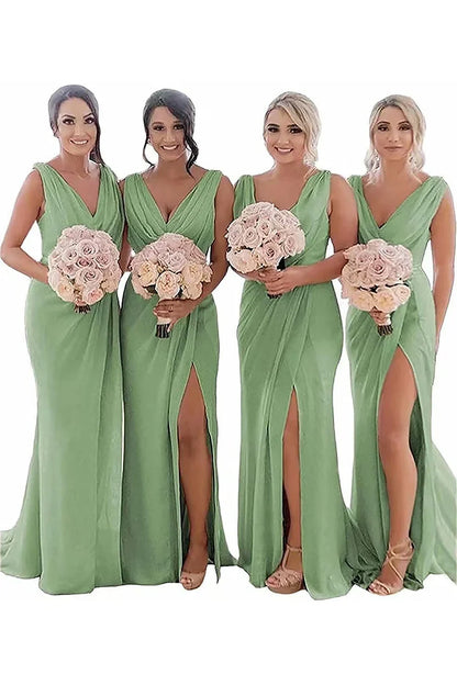 Ivory Sheath Chiffon Ruched Long Bridesmaid Dress with Slit