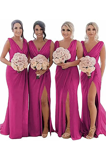 Ivory Sheath Chiffon Ruched Long Bridesmaid Dress with Slit