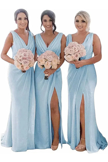 Ivory Sheath Chiffon Ruched Long Bridesmaid Dress with Slit