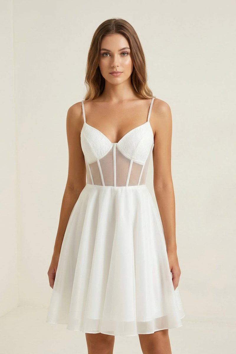 Ivory Spaghetti Strap Tulle A-Line Corset Graduation Dress