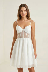 Ivory Spaghetti Strap Tulle A-Line Corset Graduation Dress