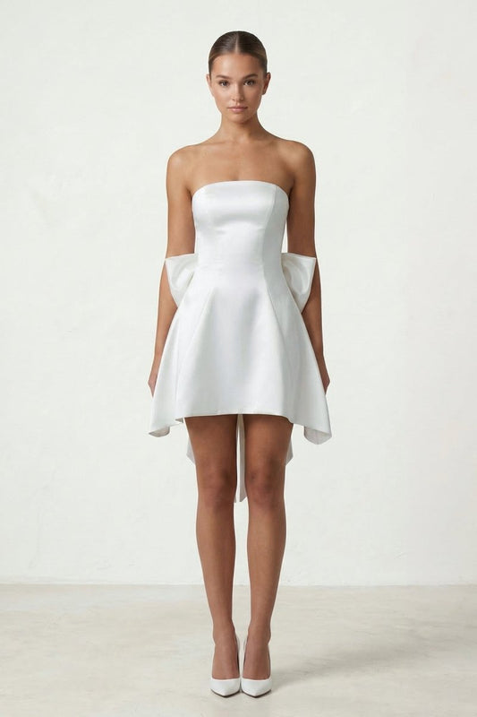 Ivory Strapless A-Line Satin Graduation Dress with Bow