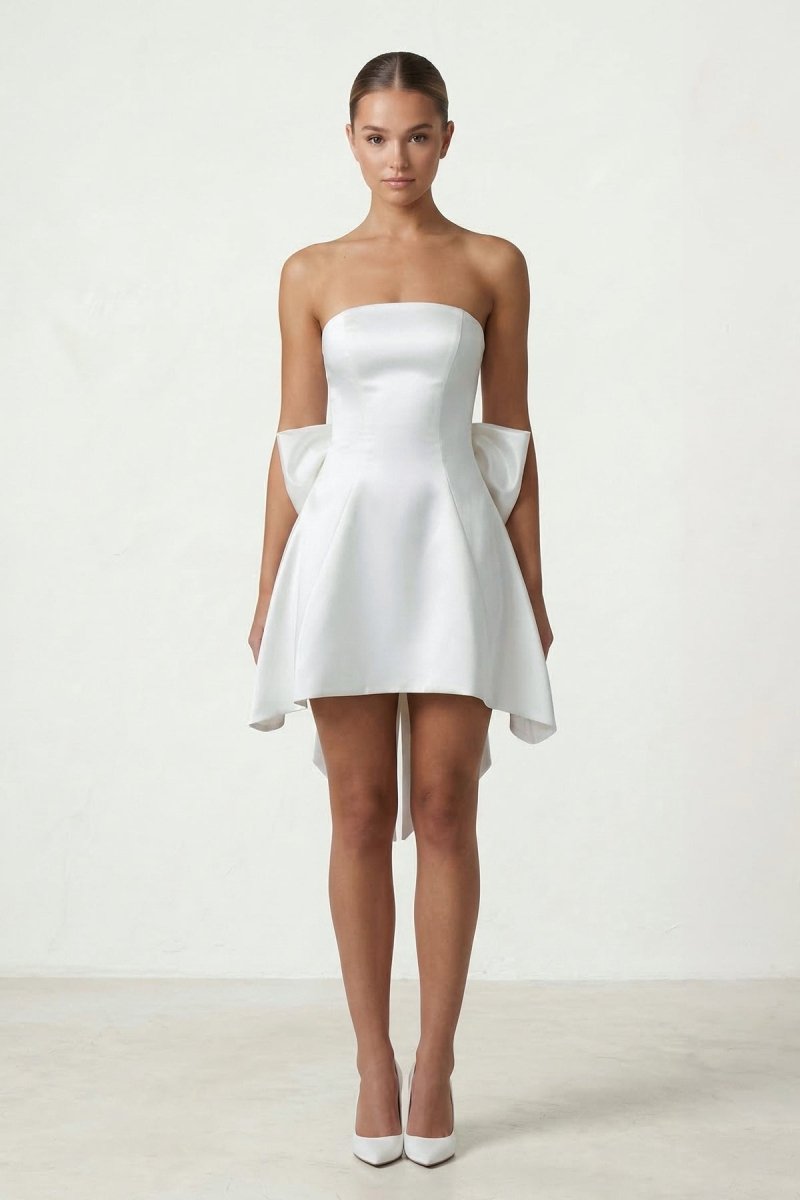 Ivory Strapless A-Line Satin Graduation Dress with Bow