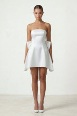 Ivory Strapless A-Line Satin Graduation Dress with Bow
