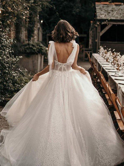 Ivory Straps A Line With Sequins Sleeveless Wedding Dresses