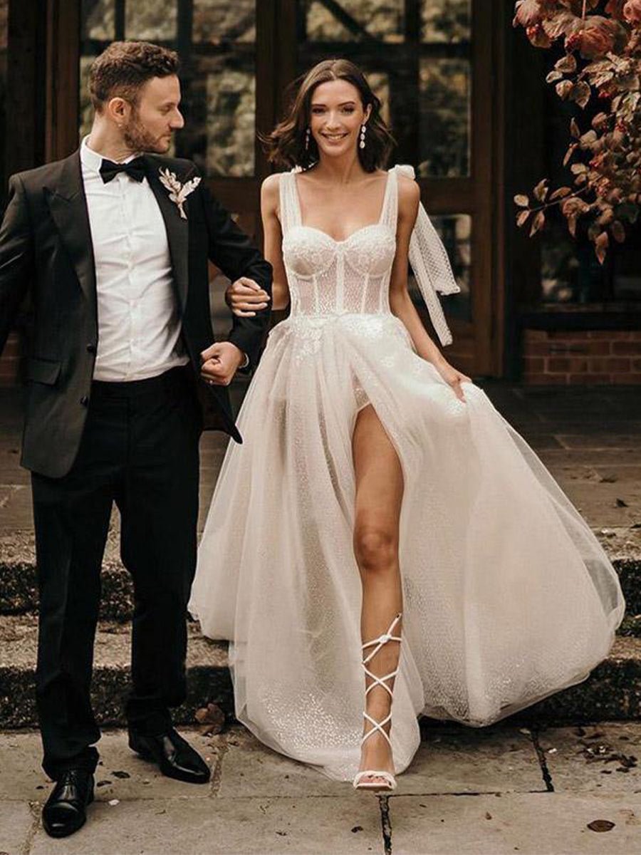 Ivory Straps A Line With Sequins Sleeveless Wedding Dresses