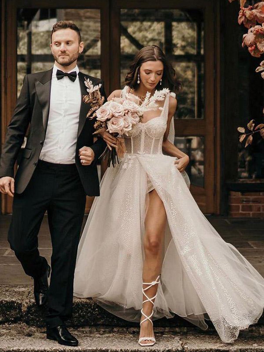 Ivory Straps A Line With Sequins Sleeveless Wedding Dresses
