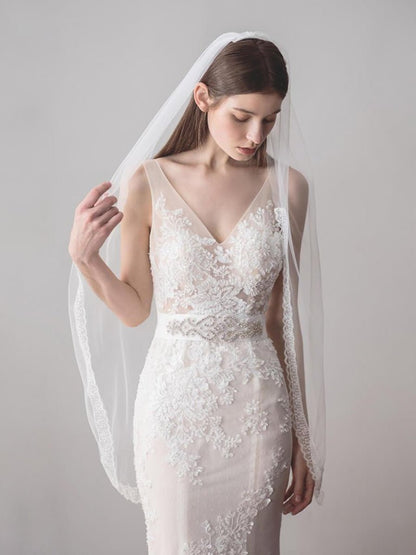 Ivory Tulle Wedding Veils One Layer Bridal Veil with Lace Hem
