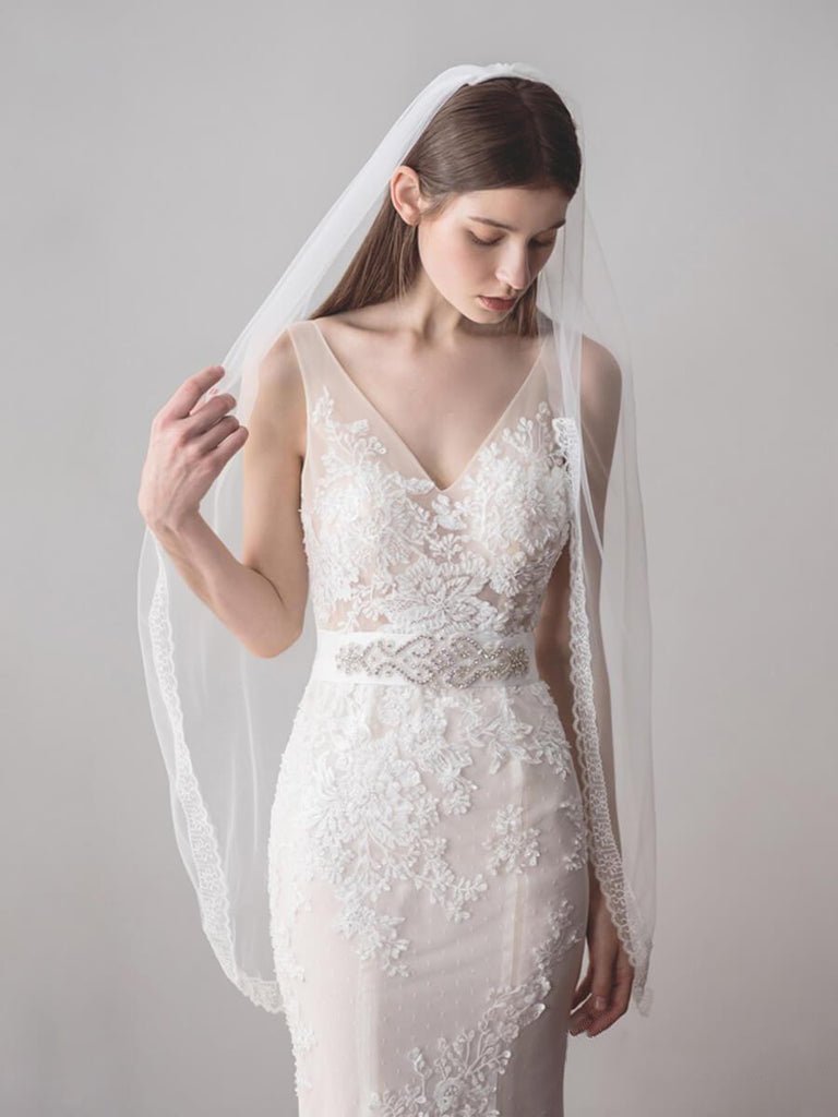 Ivory Tulle Wedding Veils One Layer Bridal Veil with Lace Hem