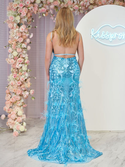 Jade Sequin Lace Spaghetti Straps Mermaid Prom Dresses with Slit