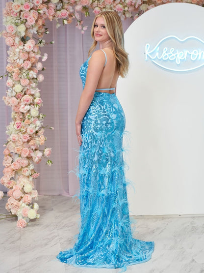 Jade Sequin Lace Spaghetti Straps Mermaid Prom Dresses with Slit