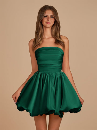 Dark Green - A Line Strapless Satin Bubble Hem Short Homecoming Dresses