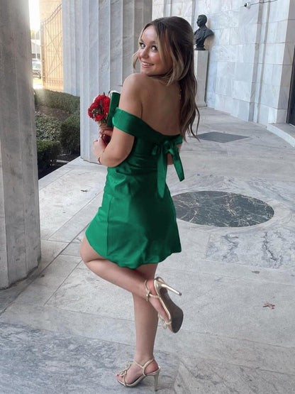 Green - Off The Shoulder Short Homecoming Dress With Bow