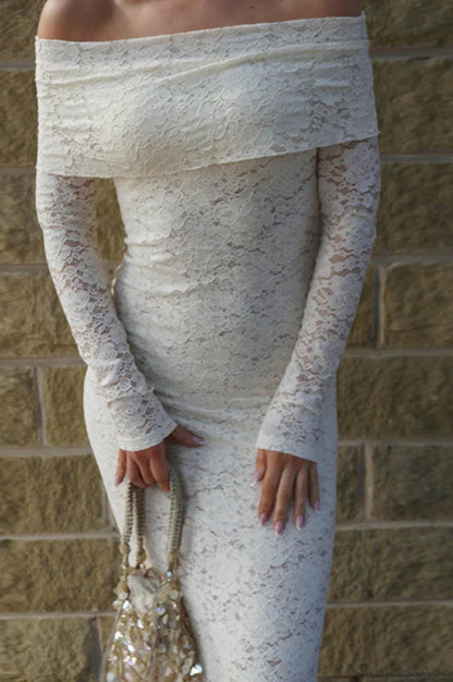 Lace Embroidered Off Shoulder Fitted Maxi Dress