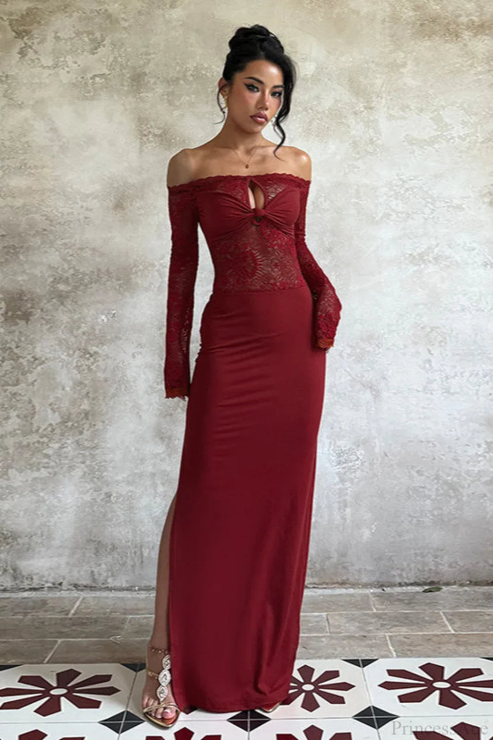 Lace Off Shoulder Elegant Bodycon Maxi Dress