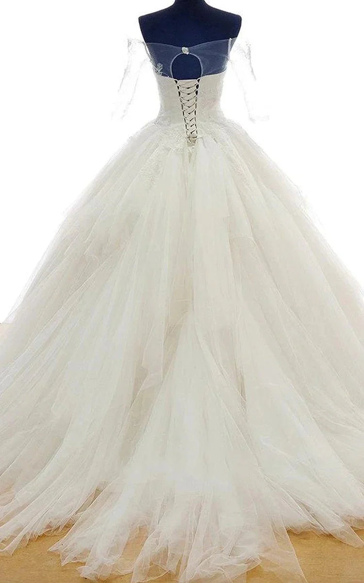 Lace Off the Shoulder Half Sleeve Princess Style Bridal Ball Gown with Lace Up Back