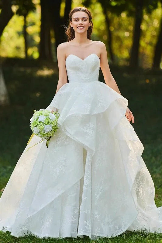 Lace Open Back Sweetheart Cascading Ruffles Sleeveless Bridal Ball Gown