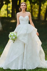 Lace Open Back Sweetheart Cascading Ruffles Sleeveless Bridal Ball Gown