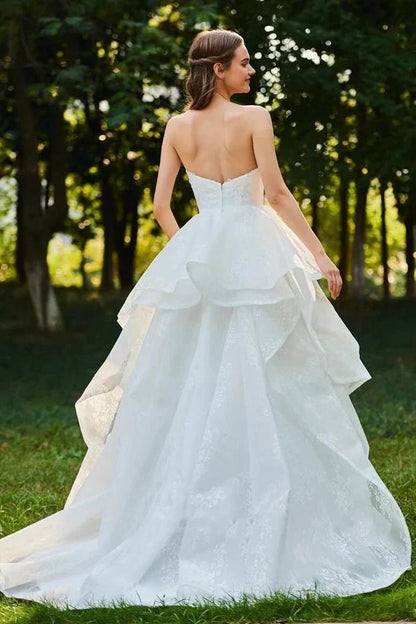 Lace Open Back Sweetheart Cascading Ruffles Sleeveless Bridal Ball Gown