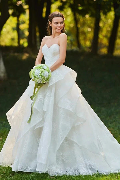 Lace Open Back Sweetheart Cascading Ruffles Sleeveless Bridal Ball Gown