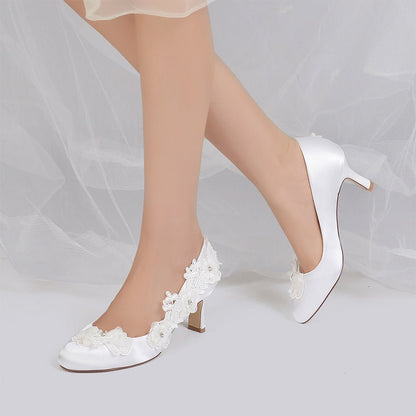Lace Pointed Toe  Chunky Heels with Beaded