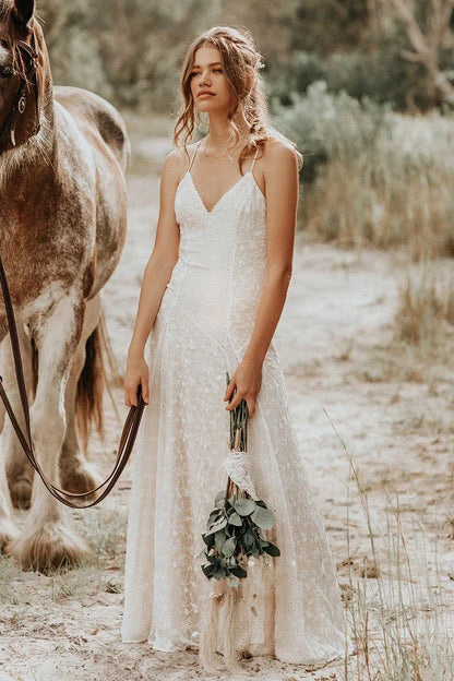 Lace Spaghetti V-neck Sheath Wedding Gown With Straps And Open Back