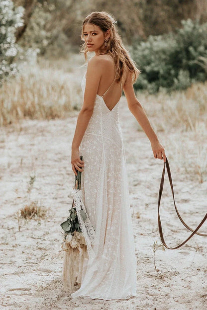 Lace Spaghetti V-neck Sheath Wedding Gown With Straps And Open Back