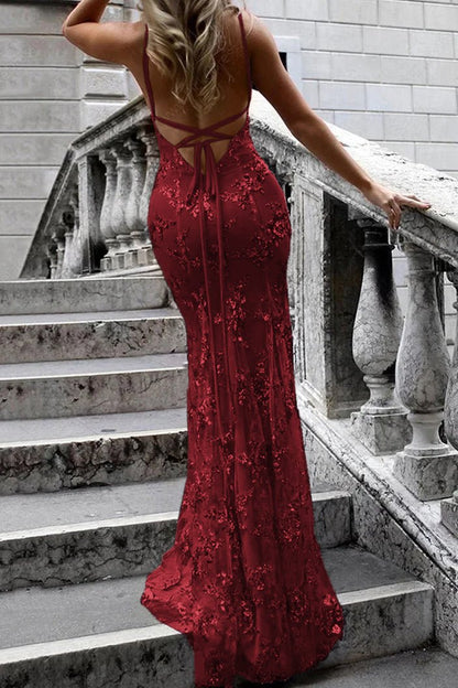 Lace-Up Mermaid Long Gold Prom Dress with Sequins