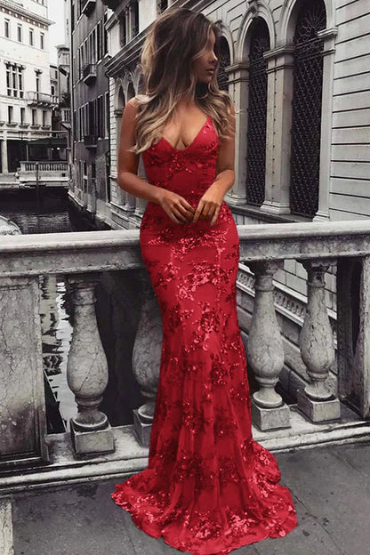 Lace-Up Mermaid Long Gold Prom Dress with Sequins
