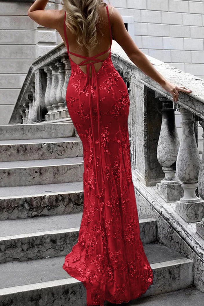 Lace-Up Mermaid Long Gold Prom Dress with Sequins